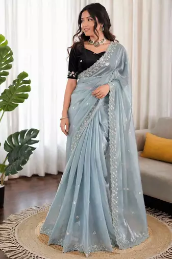 Sky blue sequin beds work organza silk party wear saree