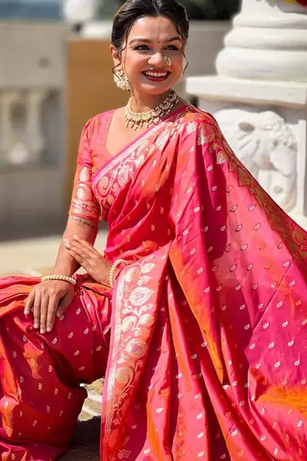 Pink elegant art silk woven saree with rich zari border