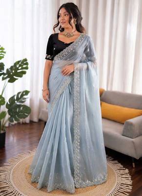 Sky blue sequin beds work organza silk party wear saree 4