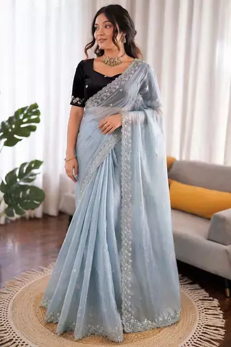 Sky blue sequin beds work organza silk party wear saree