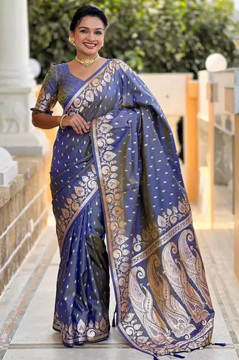 Grey elegant art silk woven saree with rich zari border