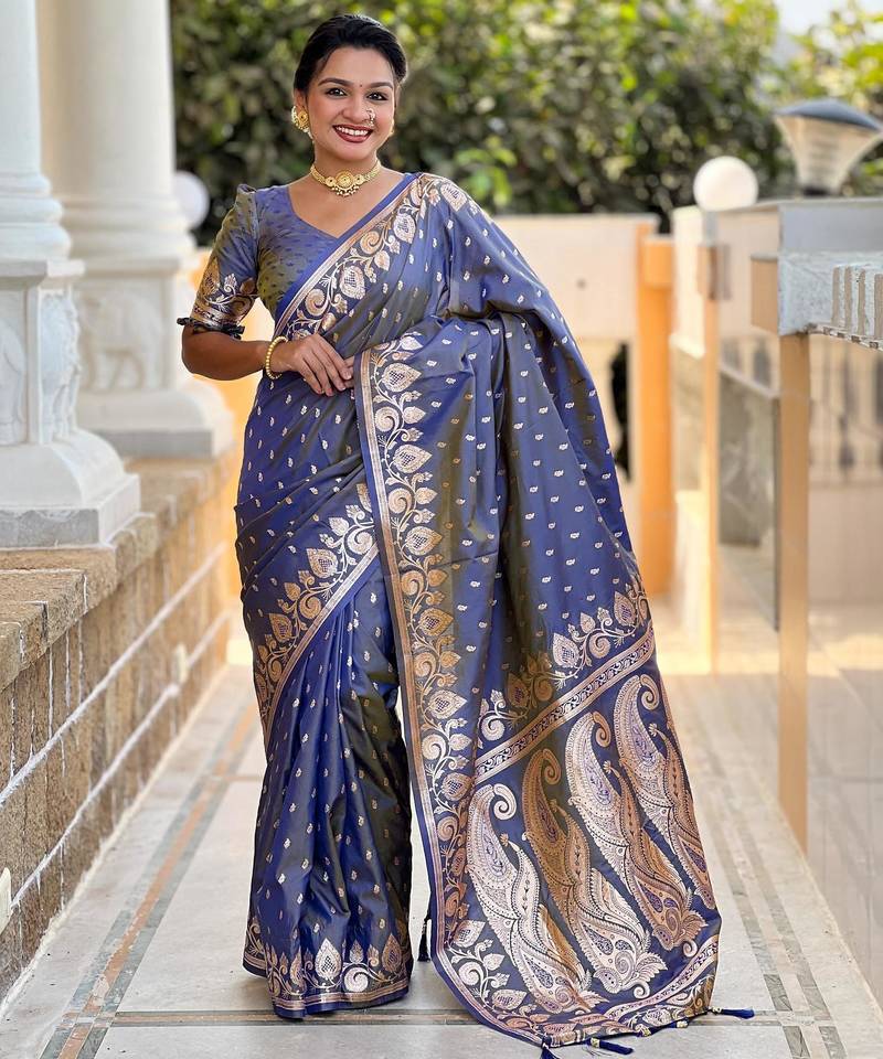 Grey elegant art silk woven saree with rich zari border