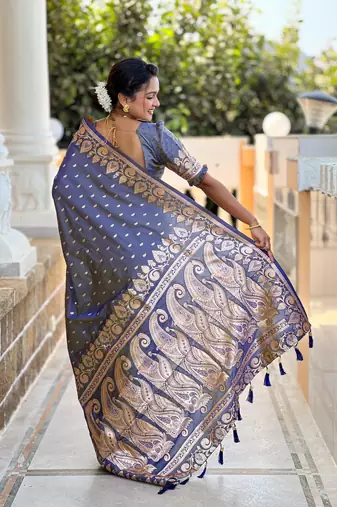 Grey elegant art silk woven saree with rich zari border