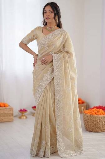 Cream thread work organza silk party wear saree