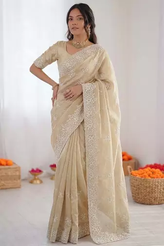 Cream thread work organza silk party wear saree