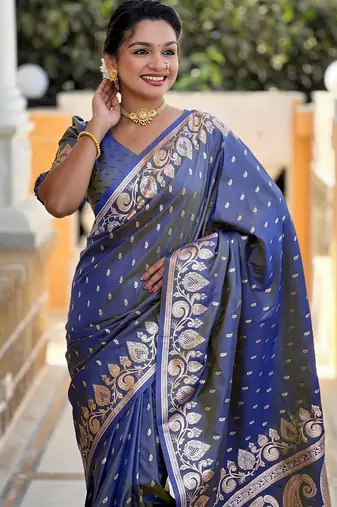 Grey elegant art silk woven saree with rich zari border