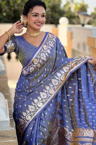 Grey elegant art silk woven saree with rich zari border