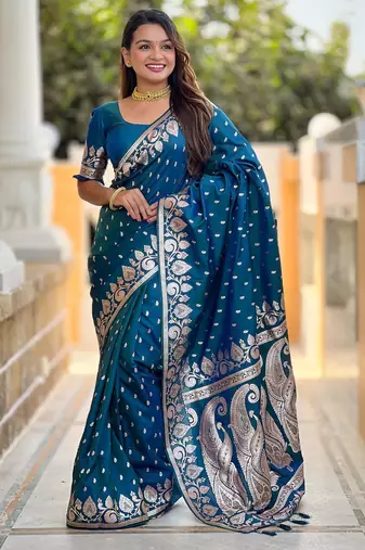 Turquoise elegant art silk woven saree with rich zari border
