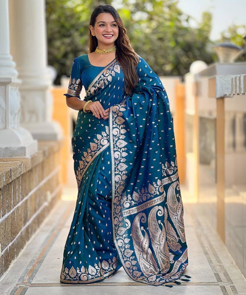 Turquoise elegant art silk woven saree with rich zari border