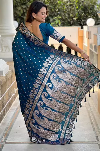 Turquoise elegant art silk woven saree with rich zari border