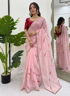 Baby pink thread sequin crunchy silk party wear saree 1