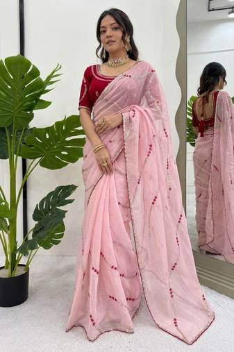 Baby pink thread sequence crunchy silk party wear saree
