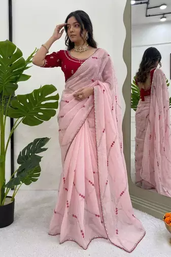 Baby pink thread sequin crunchy silk party wear saree