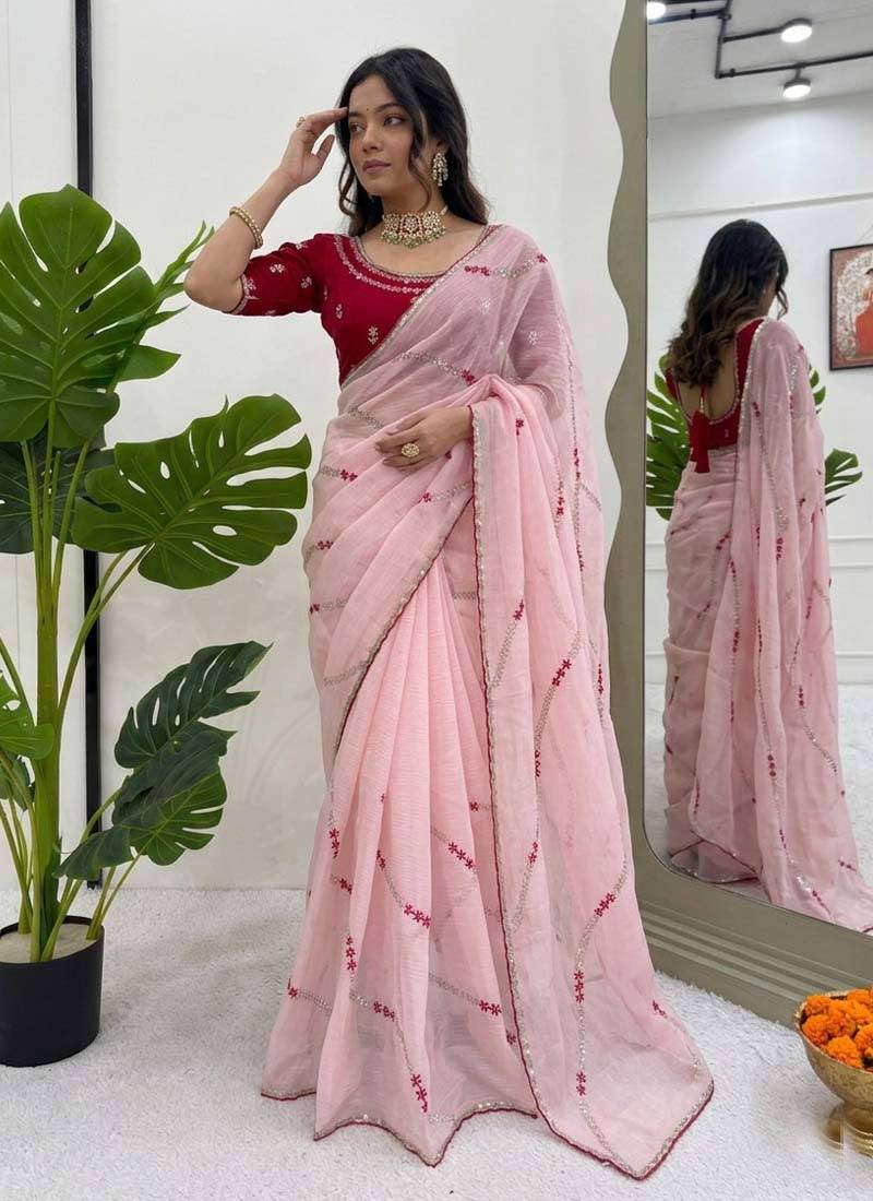 Baby pink thread sequence crunchy silk party wear saree
