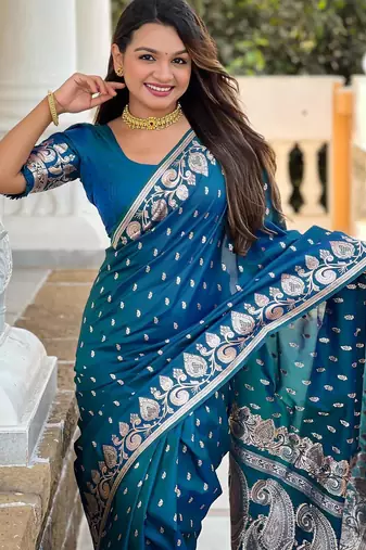 Turquoise elegant art silk woven saree with rich zari border