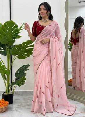 Baby pink thread sequin crunchy silk party wear saree 3