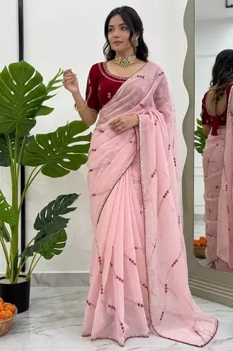 Baby pink thread sequin crunchy silk party wear saree