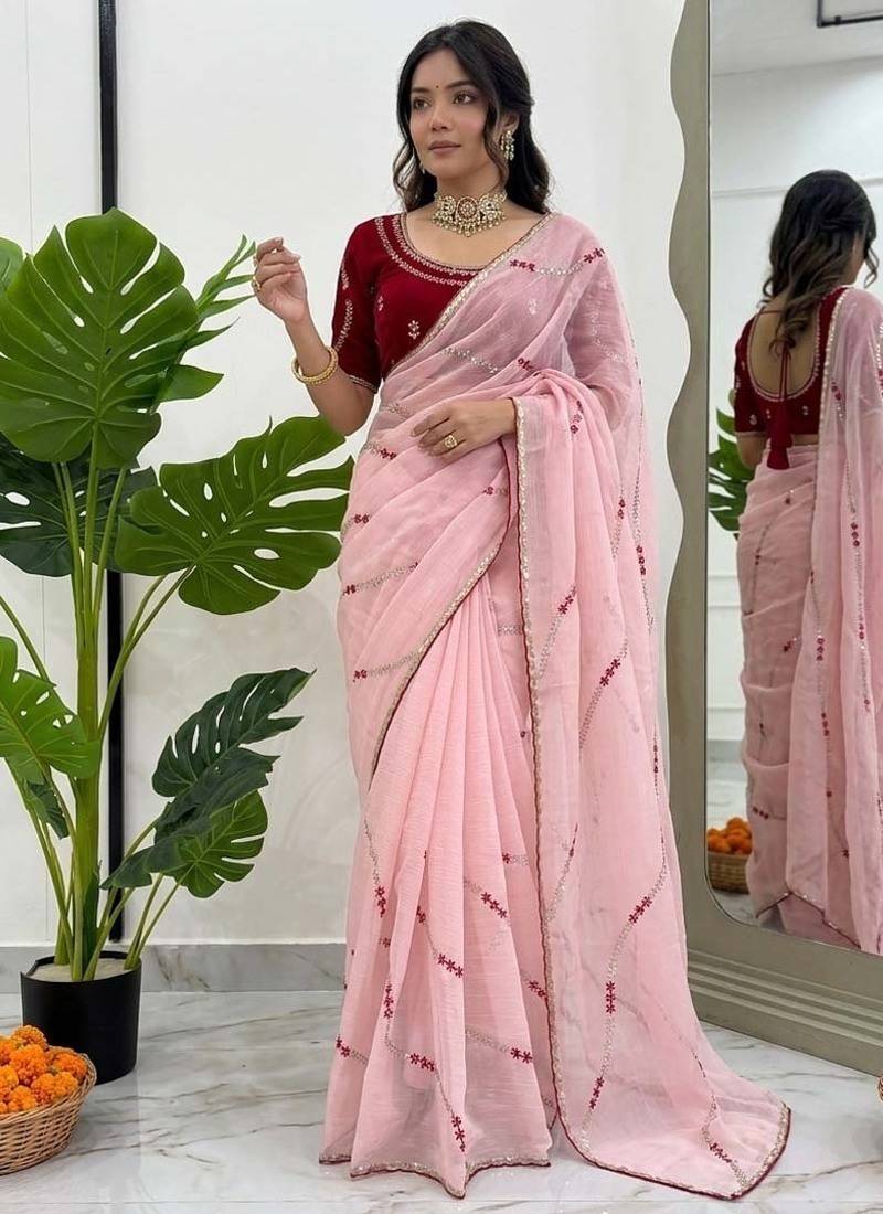 Baby pink thread sequence crunchy silk party wear saree
