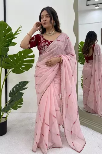 Baby pink thread sequin crunchy silk party wear saree