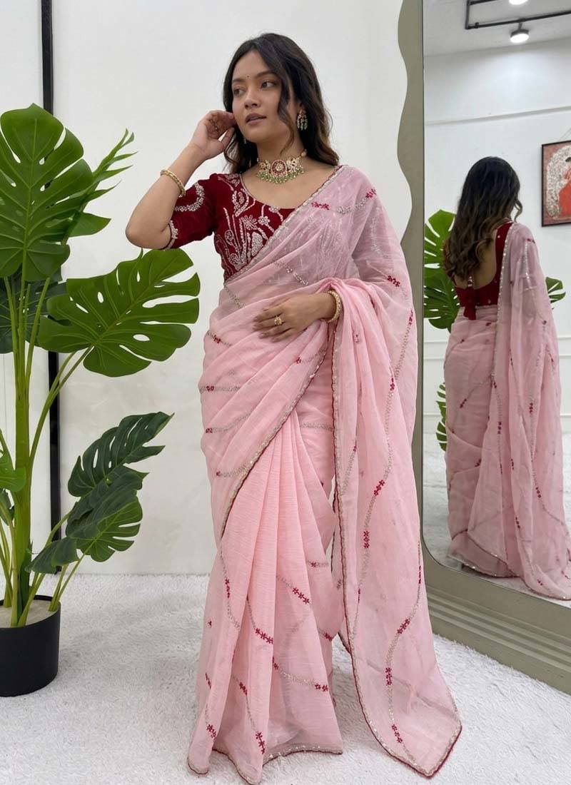 Baby pink thread sequence crunchy silk party wear saree