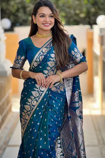 Turquoise elegant art silk woven saree with rich zari border