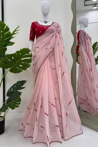 Baby pink thread sequin crunchy silk party wear saree