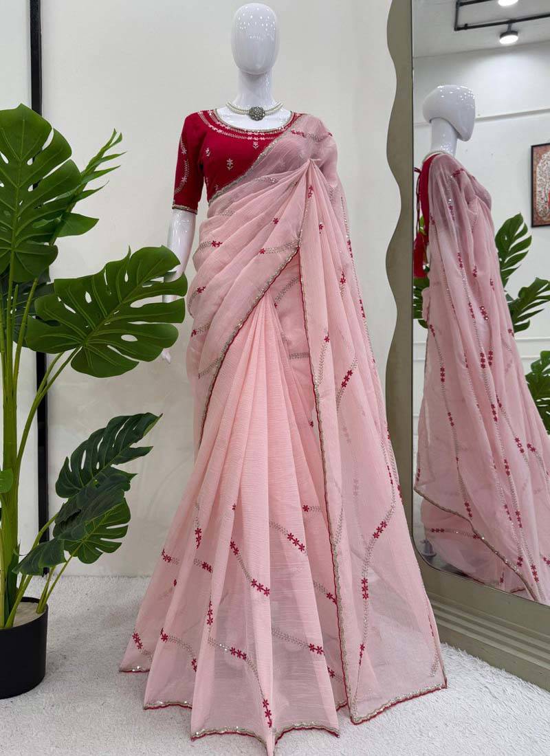 Baby pink thread sequence crunchy silk party wear saree