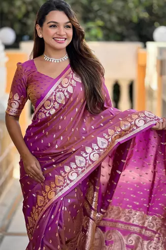 Onion pink elegant art silk woven saree with rich zari border