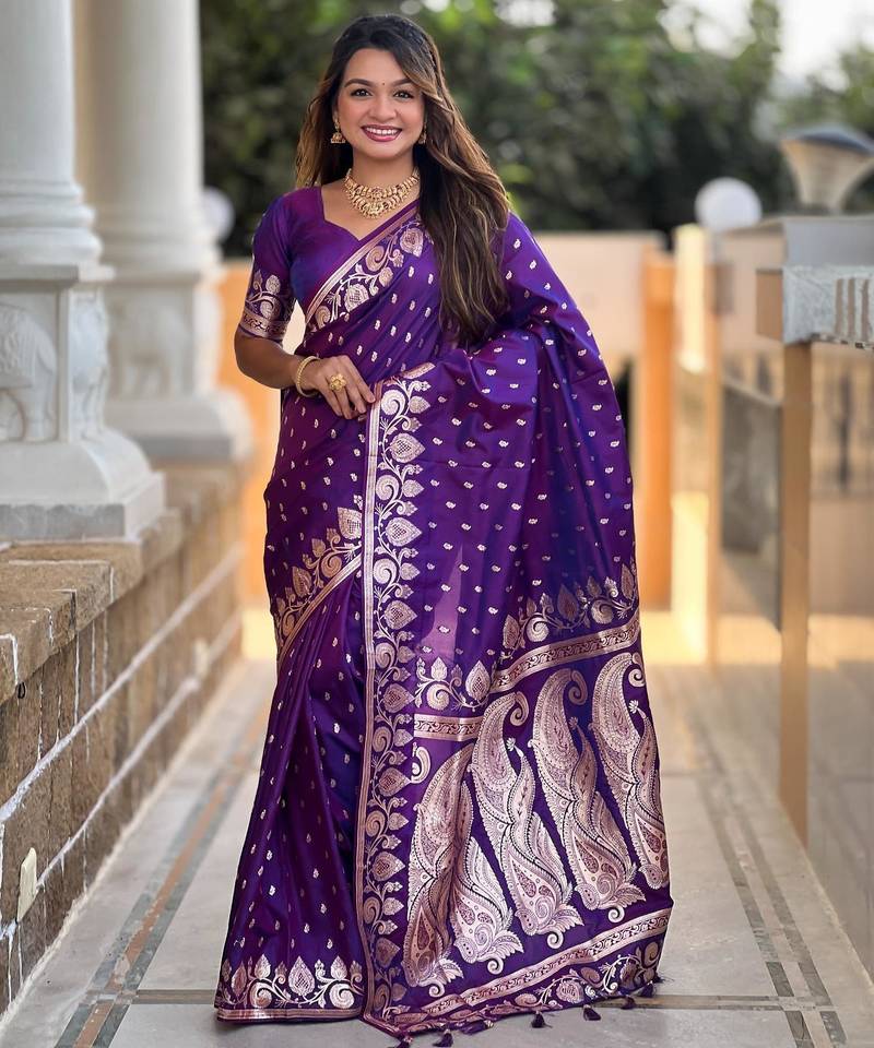 Purple elegant art silk woven saree with rich zari border