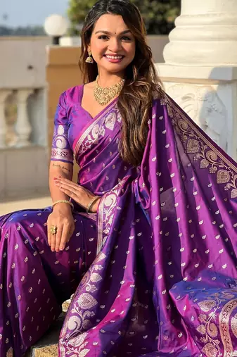 Purple elegant art silk woven saree with rich zari border