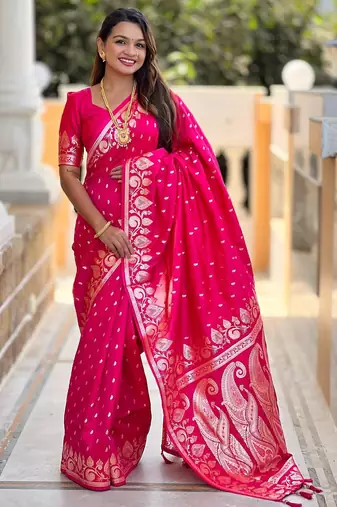 Pink elegant art silk woven saree with rich zari border