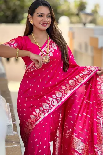 Pink elegant art silk woven saree with rich zari border