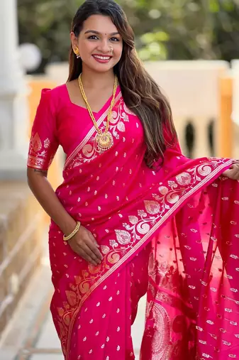 Pink elegant art silk woven saree with rich zari border