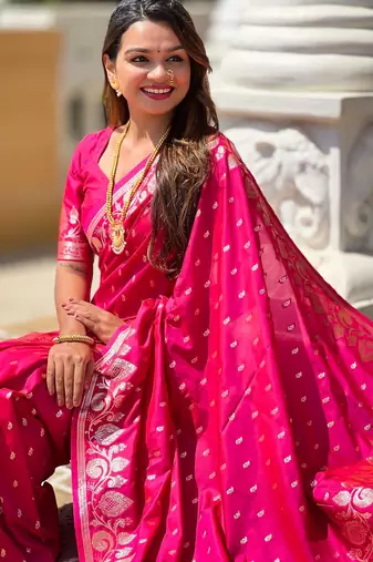 Pink elegant art silk woven saree with rich zari border