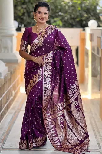 Wine elegant art silk woven saree with rich zari border
