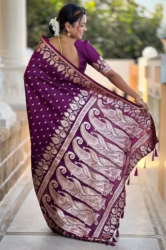 Wine elegant art silk woven saree with rich zari border