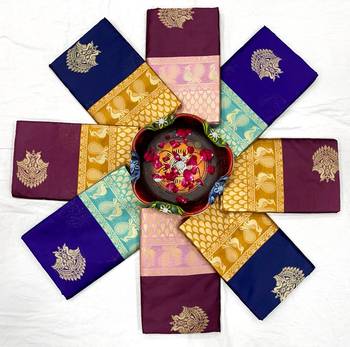 Blue silk blend banarasi saree with unstitched blouse piece 2