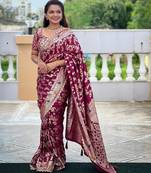Wine elegant art silk woven saree with rich zari border