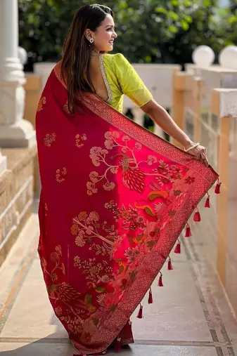 Pink elegant art silk woven saree with rich zari border