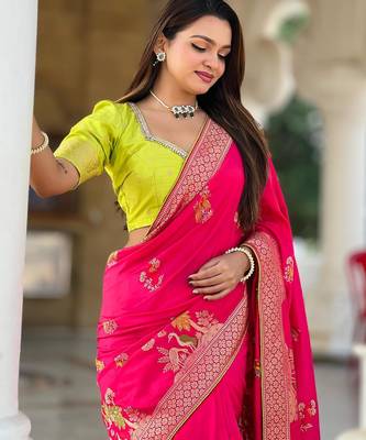 Pink elegant art silk woven saree with rich zari border 2