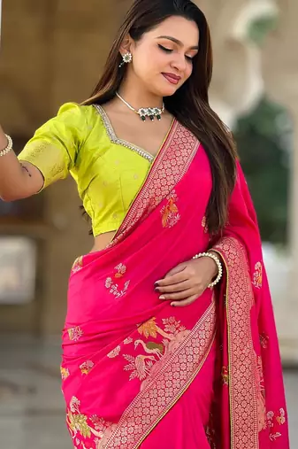 Pink elegant art silk woven saree with rich zari border