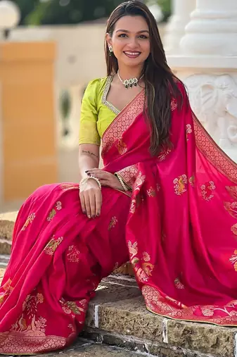 Pink elegant art silk woven saree with rich zari border