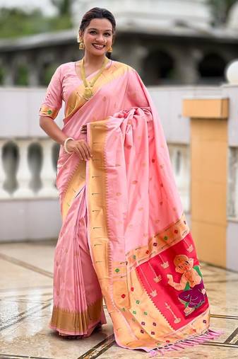 Pink elegant art silk woven saree with rich zari border