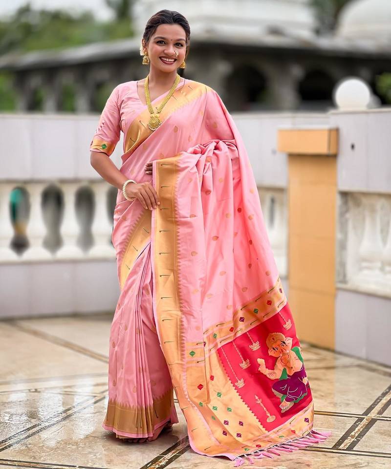 Pink elegant art silk woven saree with rich zari border