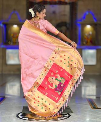 Pink elegant art silk woven saree with rich zari border 2