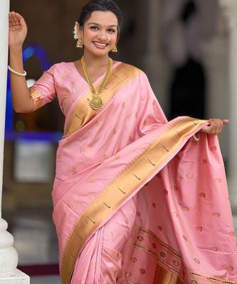 Pink elegant art silk woven saree with rich zari border 3