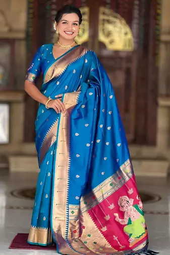 Turquoise elegant art silk woven saree with rich zari border