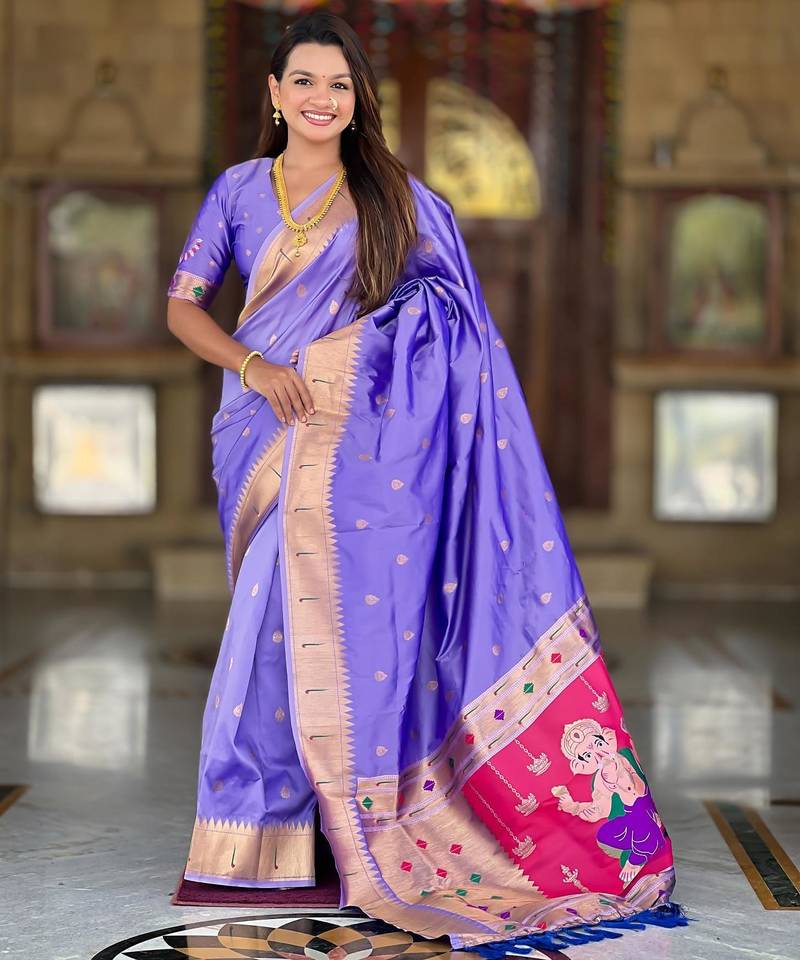 Lavender elegant art silk woven saree with rich zari border