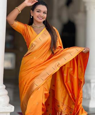 Orange elegant art silk woven saree with rich zari border 3