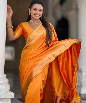 Orange elegant art silk woven saree with rich zari border 4
